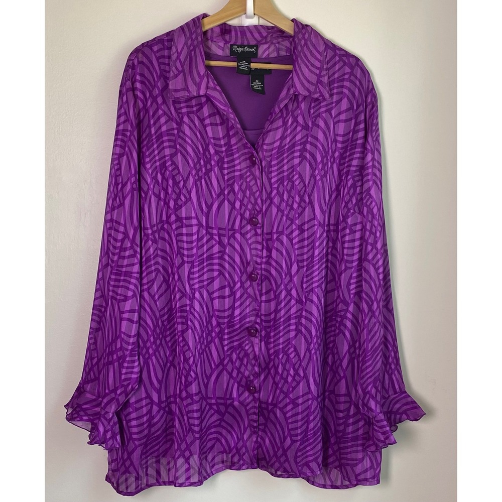 Maggie Barnes Button Up Shirt Women 2X Purple Geometric Sheer Chiffon Office